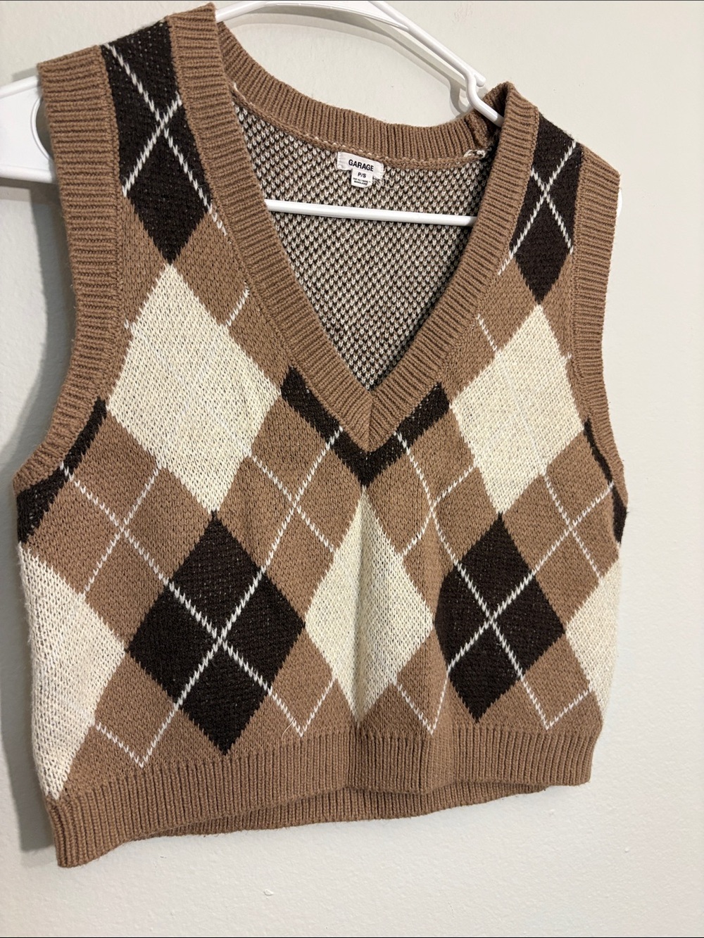 Garage Tan, Cream & Dark Brown Argyle V-Neck Sweater Vest